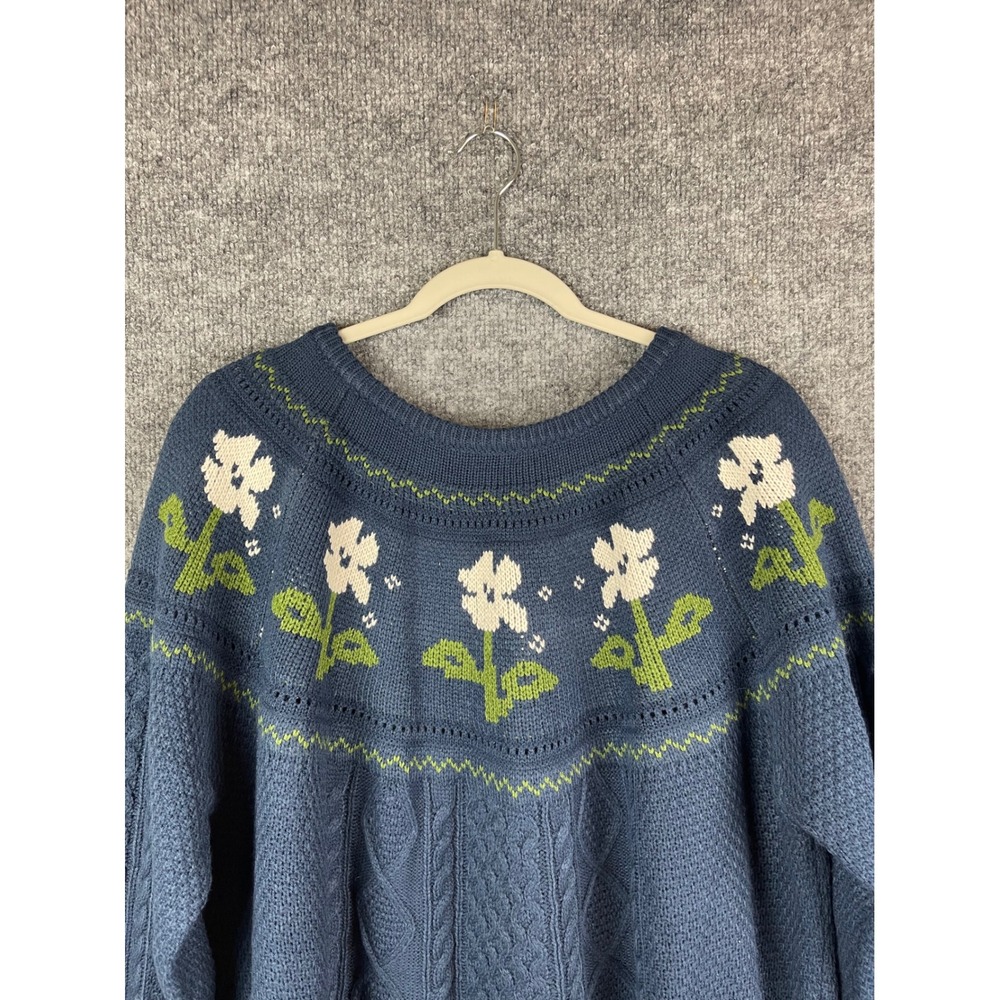 BloomChic Sweater Womens 18-20 Blue NWT Floral Cable Knit Cottagecore Pullover - Picture 2 of 10